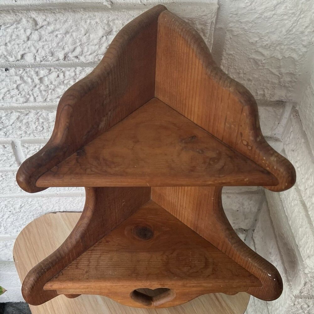 Vintage Wood Heart Cutout 2 Tier Corner Shelf Farmhouse Cottagecore Cabincore